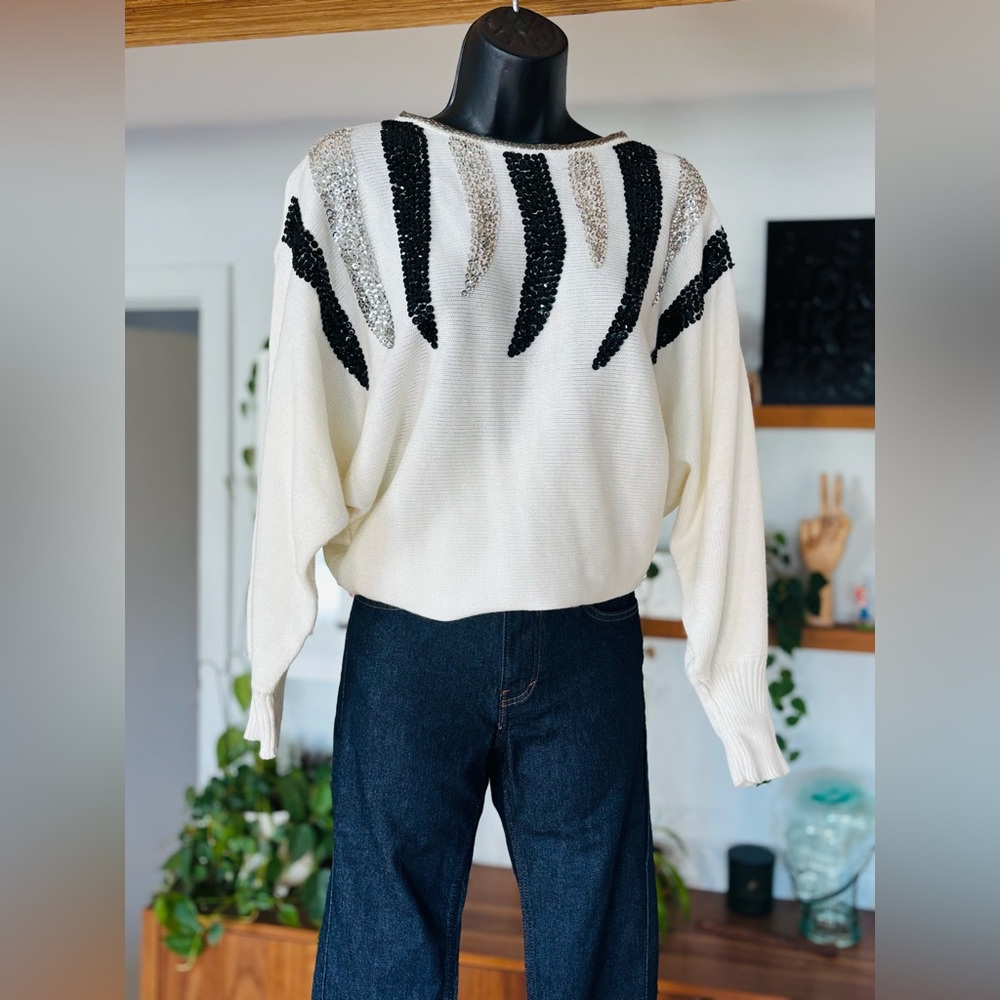 Sequin Embellished Sweater – White Knit with Black & Silver Accents
